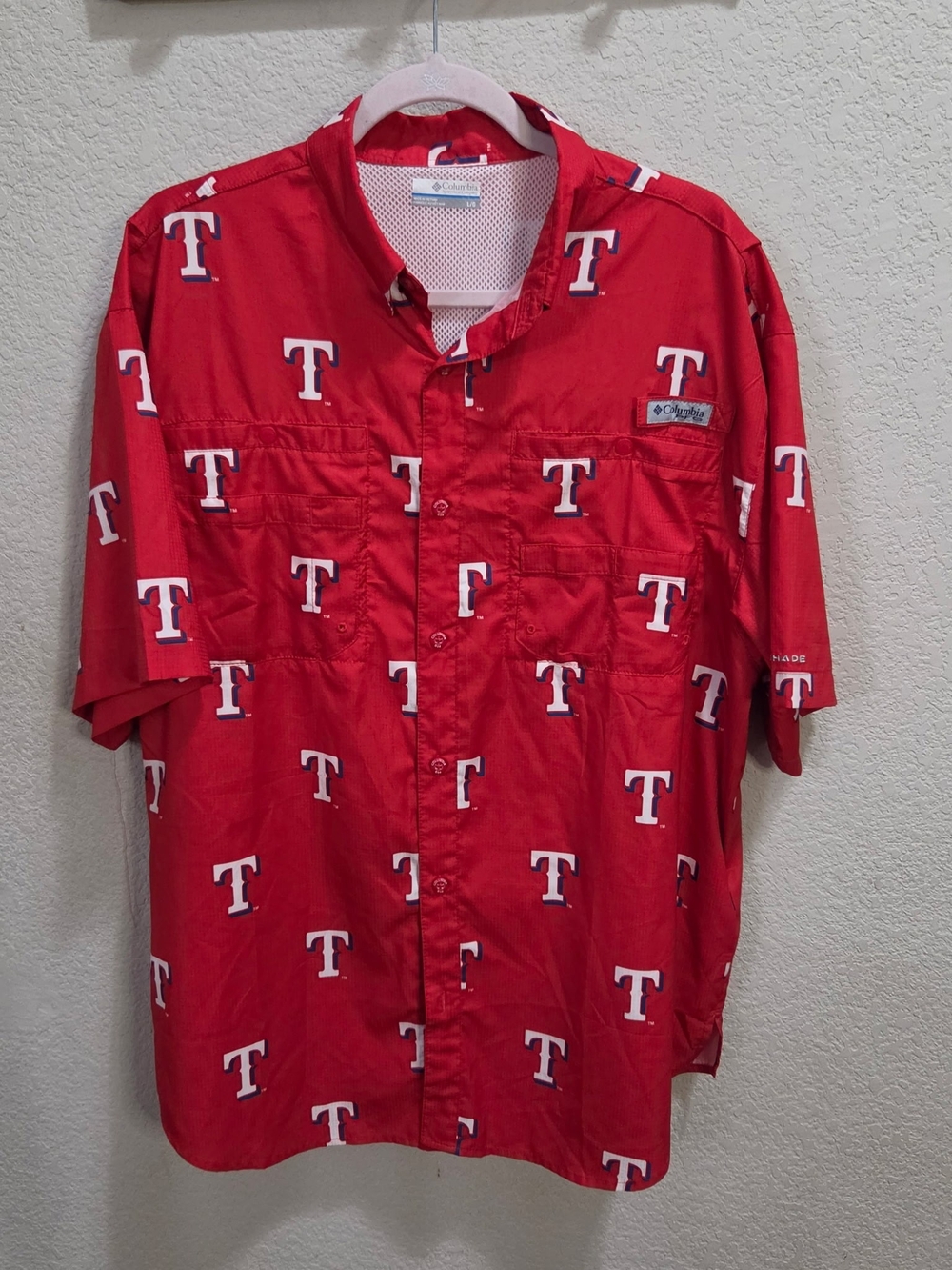 Columbia Men's Red Short-Sleeve Button-Down Shirt with All-Over 'T' Print